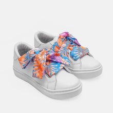 Load image into Gallery viewer, Conga leather sneakers with silk scarf shoelaces Blue and Orange
